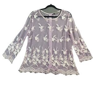 Forever 21 Purple Sheer Embroidered Long Sleeve Button Back Top Womens Size L